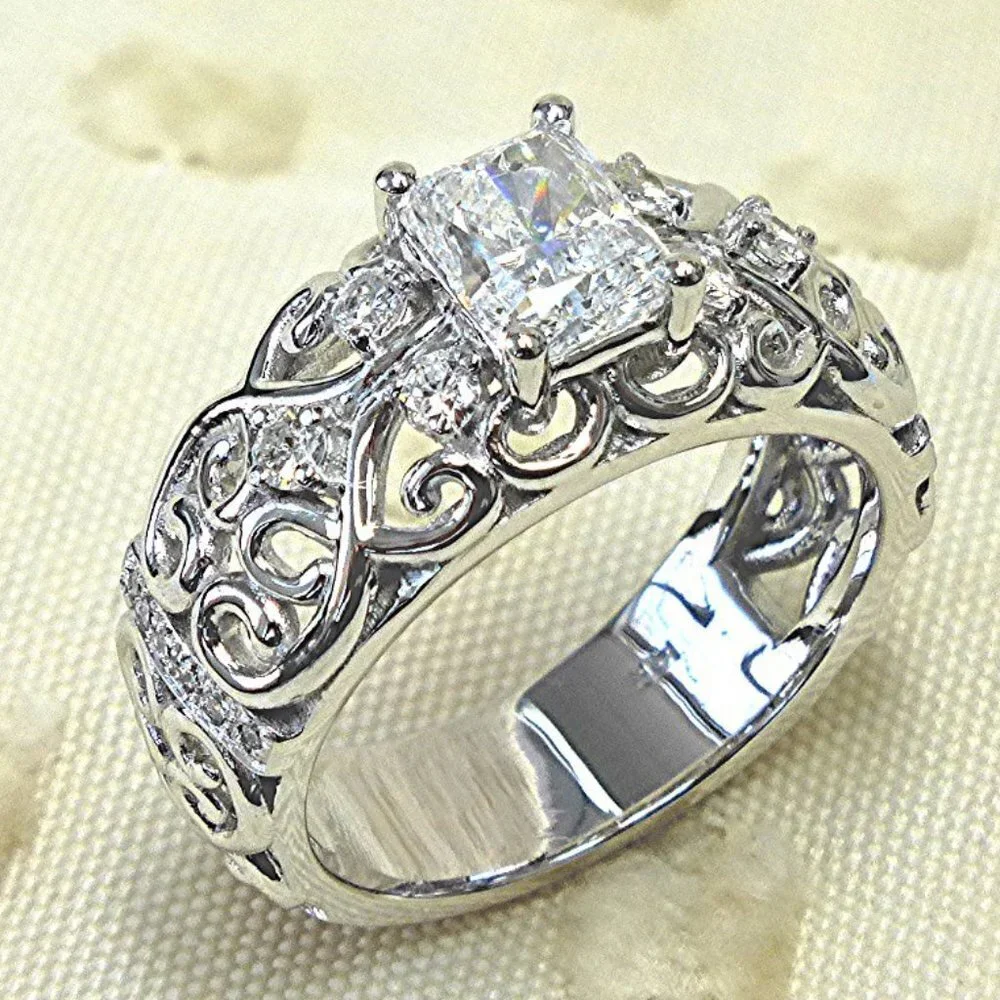 😍NEW DIAMOND DAINTY RADIANT CUT CARVED 925 STERLING SILVER ETERNITY RING, K997